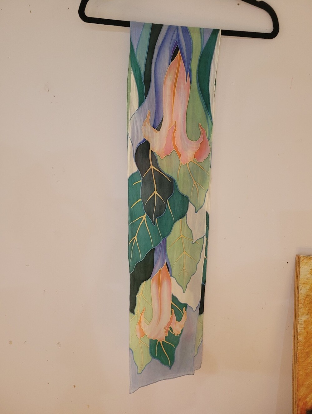 Batik Style Hand-Painted Floral Silk Scarf in Green and Pink
